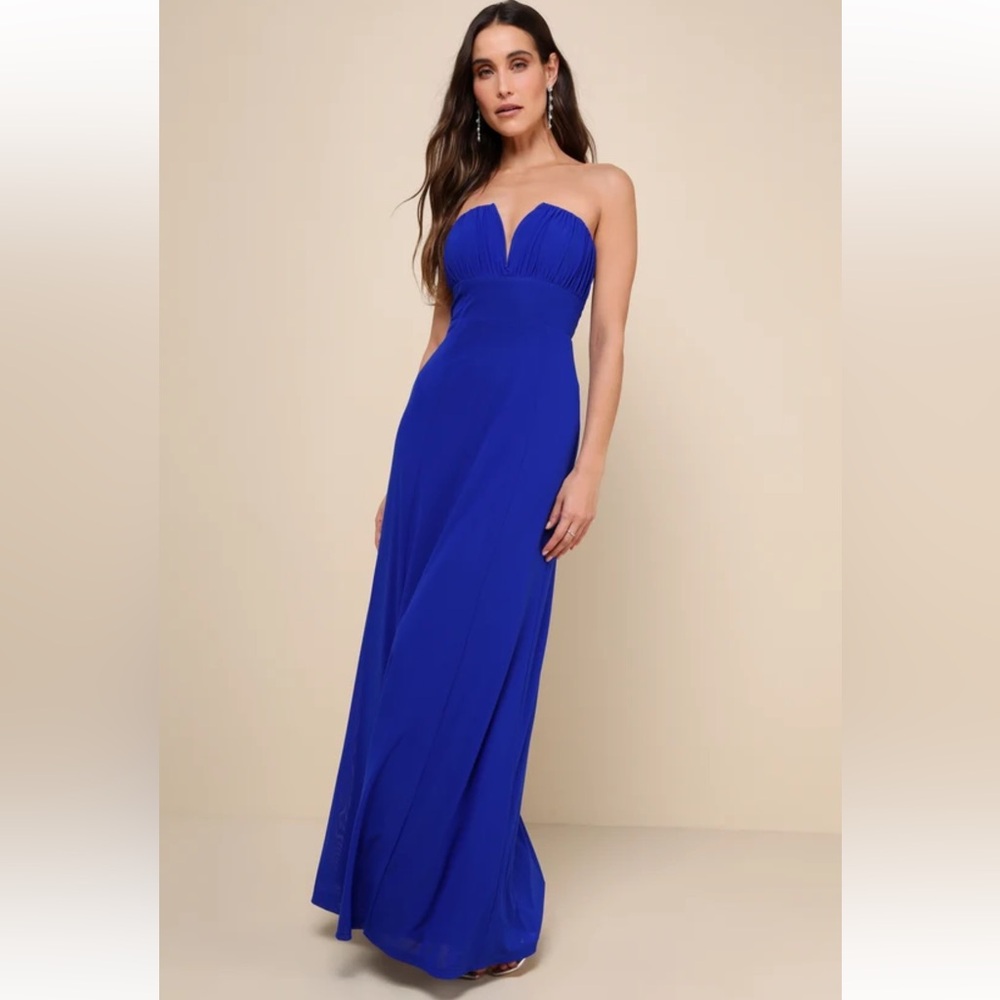 Lulu's Momentous Charm Royal Blue Mesh Strapless Maxi Dress